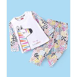 Babyhug Cotton Knit Full Sleeves Zebra Printed Night Suit - White