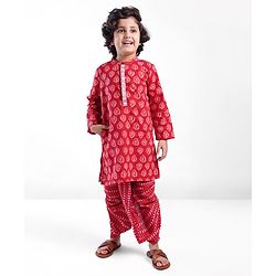 Babyhug 100% Cambric Full Sleeve Printed Kurta With Dhoti Set - Red