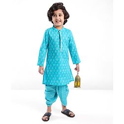Babyhug 100% Cambric Full Sleeve Printed Kurta With Dhoti Set - Blue