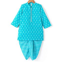 Babyhug 100% Cambric Full Sleeve Printed Kurta With Dhoti Set - Blue