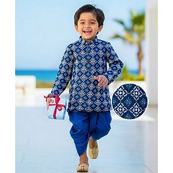 Babyhug Cotton Woven Full Sleeves Kurta Dhoti Set with Floral Print - Blue