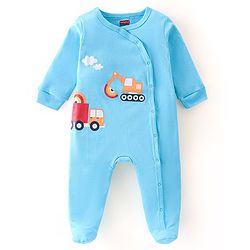 Babyhug Cotton Knit Full Sleeves JCB Printed Footed Sleep Suit - Blue