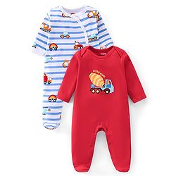 Babyhug Cotton Interlock Knit Full Sleeve Sleepsuit Stripes & Construction Vehicle Print Pack of 2 - Multicolor