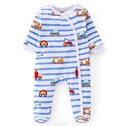 Babyhug Cotton Interlock Knit Full Sleeve Sleepsuit Stripes & Construction Vehicle Print Pack of 2 - Multicolor