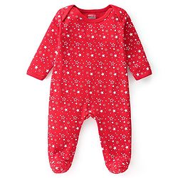 Babyhug Cotton Knit Full Sleeves Footed Sleep Suit Star & Santa Clause Print Pack of 2 - Red & Navy Blue