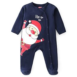 Babyhug Cotton Knit Full Sleeves Footed Sleep Suit Star & Santa Clause Print Pack of 2 - Red & Navy Blue