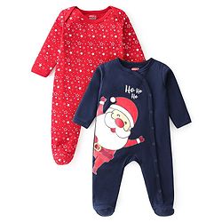 Babyhug Cotton Knit Full Sleeves Footed Sleep Suit Star & Santa Clause Print Pack of 2 - Red & Navy Blue