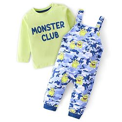 Babyhug 100% Coton Monster Print Dungaree With Front Pocket & Full Sleeves Inner Tee With Shoulder Snap Buttons - Light Green