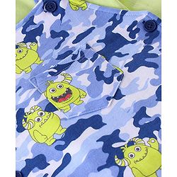 Babyhug 100% Coton Monster Print Dungaree With Front Pocket & Full Sleeves Inner Tee With Shoulder Snap Buttons - Light Green