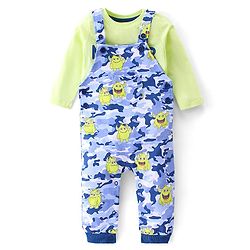 Babyhug 100% Coton Monster Print Dungaree With Front Pocket & Full Sleeves Inner Tee With Shoulder Snap Buttons - Light Green