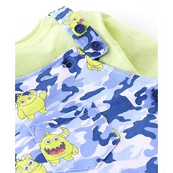 Babyhug 100% Coton Monster Print Dungaree With Front Pocket & Full Sleeves Inner Tee With Shoulder Snap Buttons - Light Green