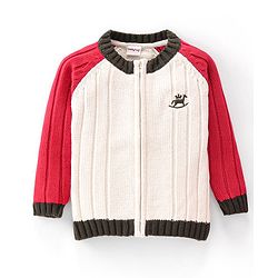 Babyhug Cotton Knitted Full Sleeves Front Zipper Sweater - White & Red