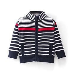 Babyhug Cotton Knitted Full Sleeves Striped Front Zipper Sweater - Multicolour