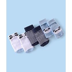 Cute Walk By Babyhug Terry Anti-Bacterial Ankle Length Socks With Panda Print Pack Of 3 - White Blue & Black