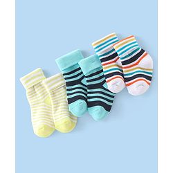 Cute Walk By Babyhug Terry Anti-Bacterial Ankle Length Socks Striped Pack Of 3 - White Green & Blue