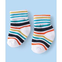 Cute Walk By Babyhug Terry Anti-Bacterial Ankle Length Socks Striped Pack Of 3 - White Green & Blue