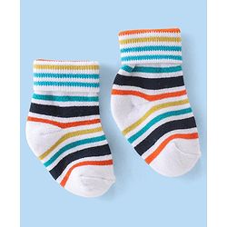Cute Walk By Babyhug Terry Anti-Bacterial Ankle Length Socks Striped Pack Of 3 - White Green & Blue