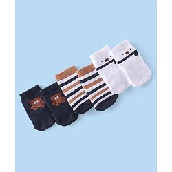 Cute Walk By Babyhug Terry Anti-Bacterial Ankle Length Socks With Teddy Print Pack Of 3 - White & Black