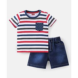Babyhug 100% Cotton Knit Half Sleeves T-Shirt & Shorts With Striped - Red & Navy Blue