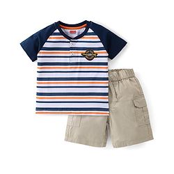 Babyhug 100% Cotton Knit Raglan Sleeves Striped T-Shirt & Shorts Set - Blue & Beige