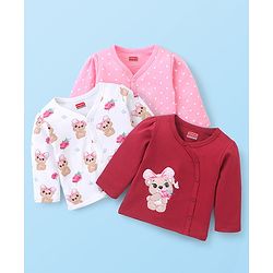 Babyhug 100% Cotton Full Sleeves Vest With Teddy Print Pack Of 3 - White Maroon & Pink
