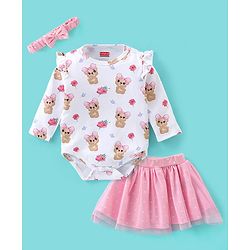 Babyhug 100% Cotton Knit Full Sleeves Onesies with Skirt & Hairband Bear Print  - Pink