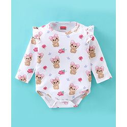 Babyhug 100% Cotton Knit Full Sleeves Onesies with Skirt & Hairband Bear Print  - Pink
