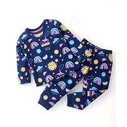 Babyhug Cotton Knit Full Sleeves Night Suit With Rainbow & House Print - Navy Blue