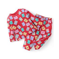 Babyhug Cotton Knit Full Sleeves Night Suit With Post Stamp Print - Red