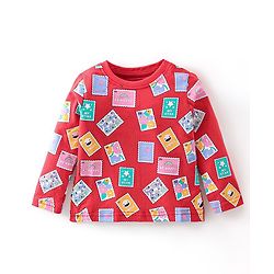 Babyhug Cotton Knit Full Sleeves Night Suit With Post Stamp Print - Red