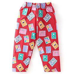 Babyhug Cotton Knit Full Sleeves Night Suit With Post Stamp Print - Red