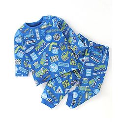 Babyhug Cotton Knit Full Sleeves Trucks Printed Night Suit - Blue
