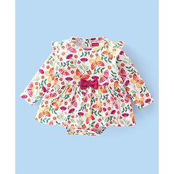 Babyhug 100% Cotton Full Sleeves Frock Style Onesie with Hairband Butterflies Print - Multicolour