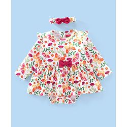 Babyhug 100% Cotton Full Sleeves Frock Style Onesie with Hairband Butterflies Print - Multicolour
