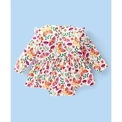 Babyhug 100% Cotton Full Sleeves Frock Style Onesie with Hairband Butterflies Print - Multicolour