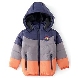 Babyhug Woven Full Sleeves Hooded Jacket With Solid Colour - Navy Blue & Orange