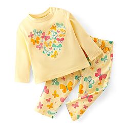 Babyhug Cotton Knit Full Sleeves Night Suit Butterfly Print - Yellow