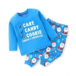 Babyhug Cotton Knit Full Sleeves Night Suit Text and Santa Claus Print - Blue