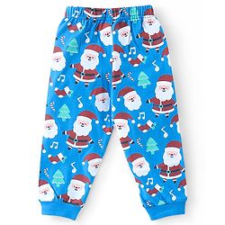 Babyhug Cotton Knit Full Sleeves Night Suit Text and Santa Claus Print - Blue