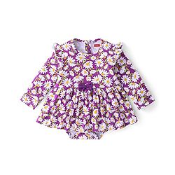 Babyhug 100% Cotton Knit Full Sleeves Frock Style Onesie with Headband Floral Print - Purple
