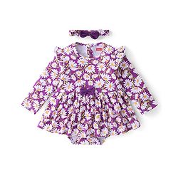 Babyhug 100% Cotton Knit Full Sleeves Frock Style Onesie with Headband Floral Print - Purple