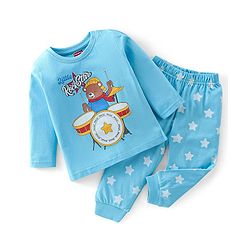 Babyhug Cotton Knit Full Sleeves Night Suit With Teddy Print - Blue