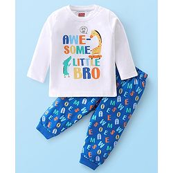 Babyhug Cotton Knit Full Sleeves Text Printed Night Suit - White & Blue