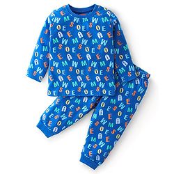 Babyhug Cotton Knit Full Sleeves Alphabets Printed Night Suit - Blue