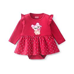 Babyhug 100% Cotton Knit Full Sleeves Frock Style Onesie Bear Print - Red