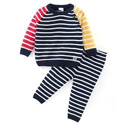 Babyhug Knitted Full Sleeves Sweater Set With Stripes Design - Multicolour