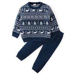 Babyhug Knitted Full Sleeves Baby Sweater Set with Snow Flakes Design - Navy Blue