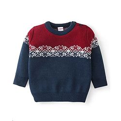 Babyhug Knit Full Sleeves Sweater Set Floral Design - Navy Blue