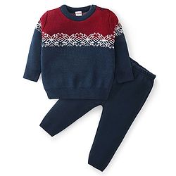 Babyhug Knit Full Sleeves Sweater Set Floral Design - Navy Blue