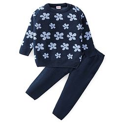 Babyhug Knitted Full Sleeves Baby Sweater Set with Floral Design - Navy Blue